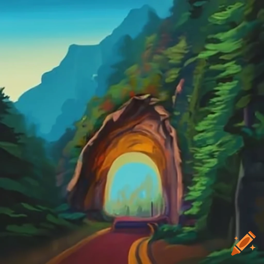 Mountain road with tunnel carved through rock on Craiyon