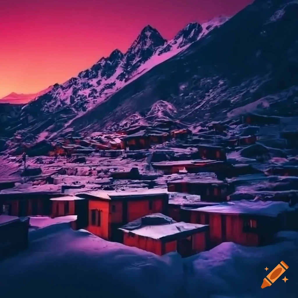 Snowy mountains with concrete brutalism architecture at night on Craiyon