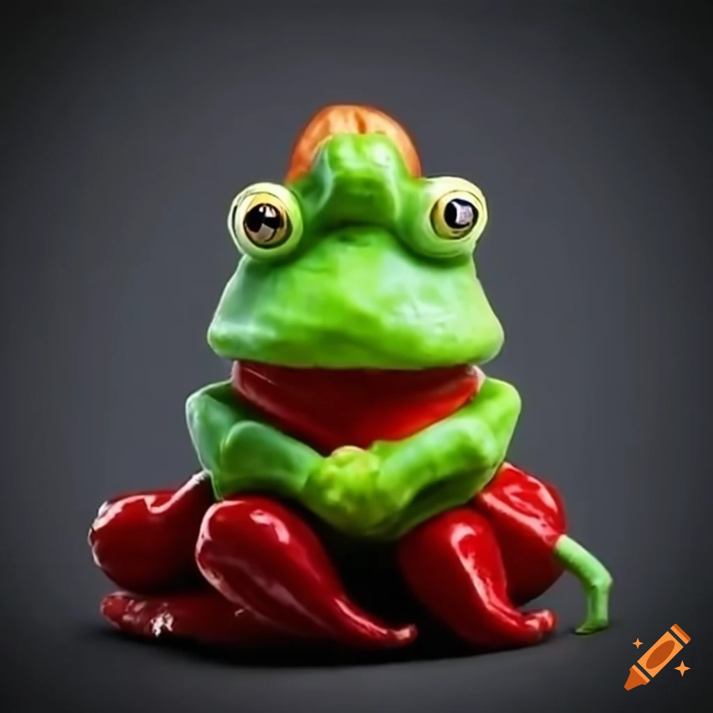 Satirical image of victor orban as a frog sitting on paprika pods