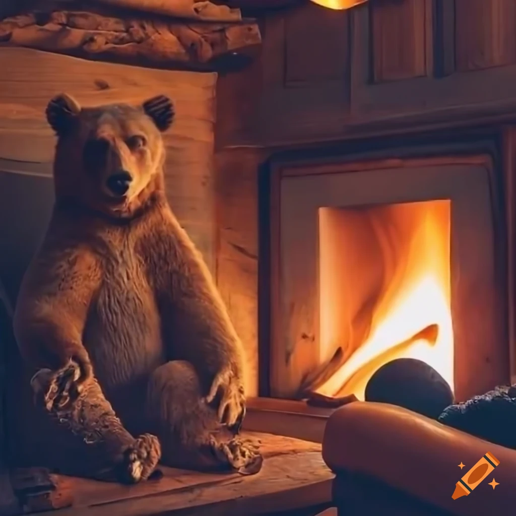 closeup of a warm fireplace in a cabin with a bear nearby