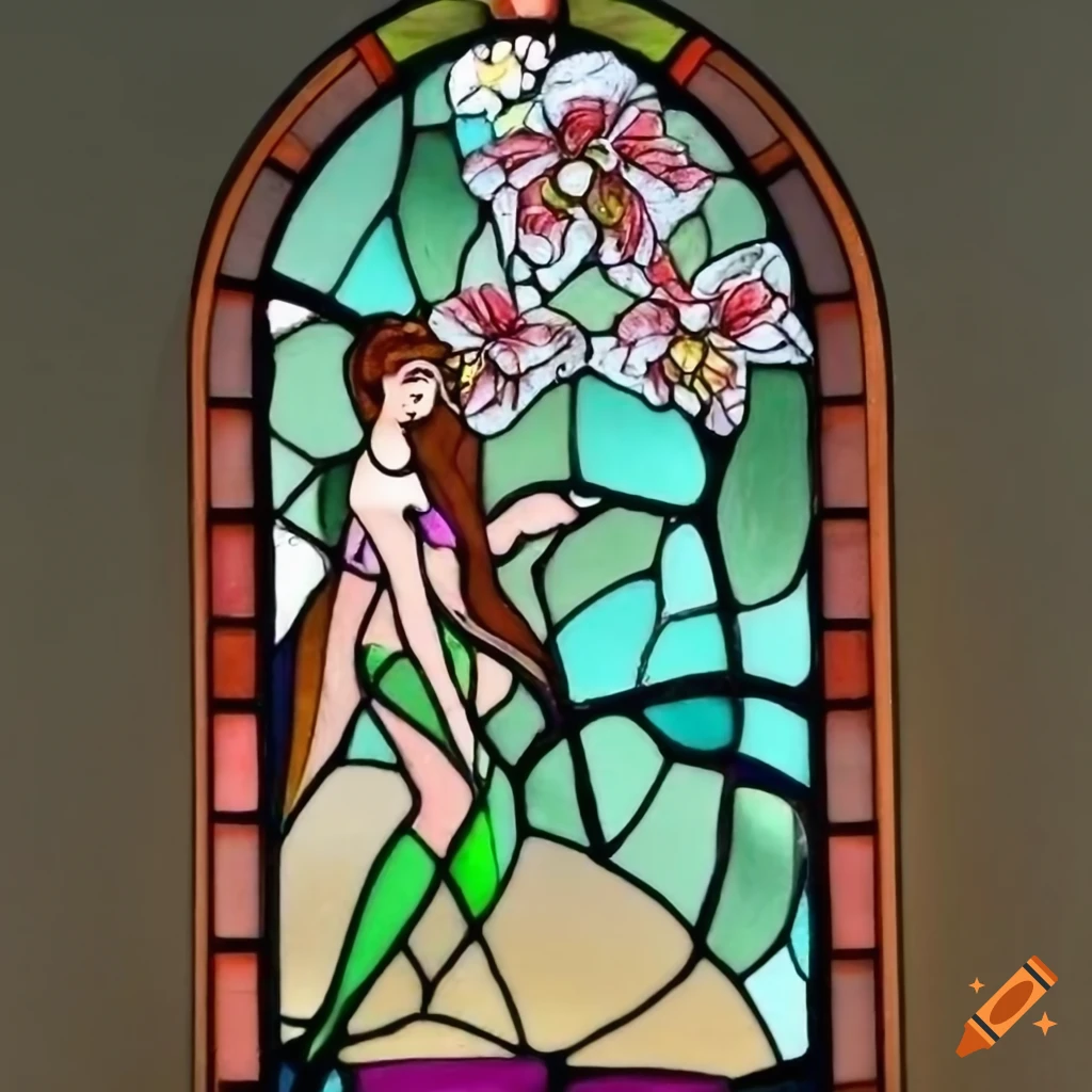 Stained glass artwork of a fairy near a large orchid on Craiyon