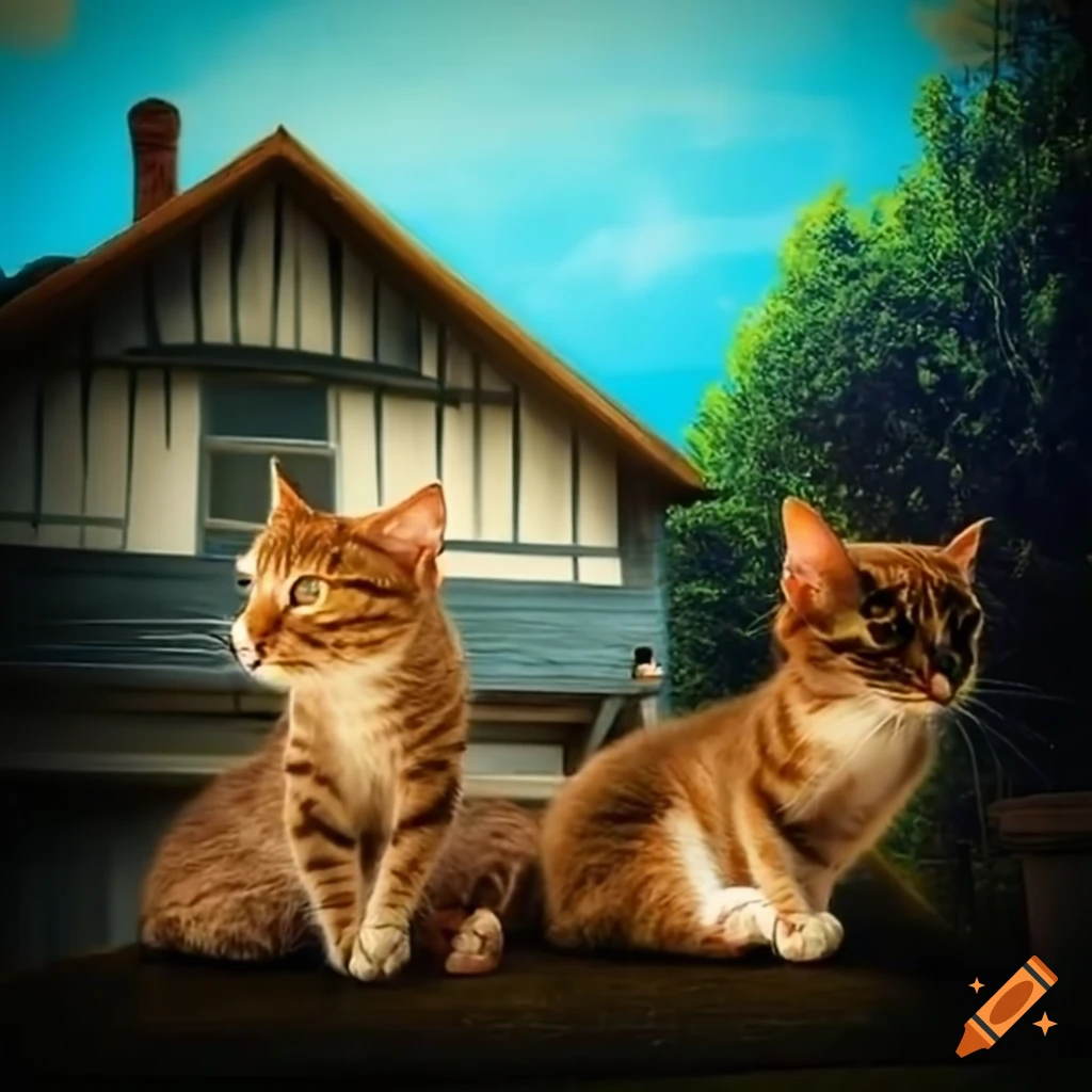 Three cats sitting outside a house on the hills