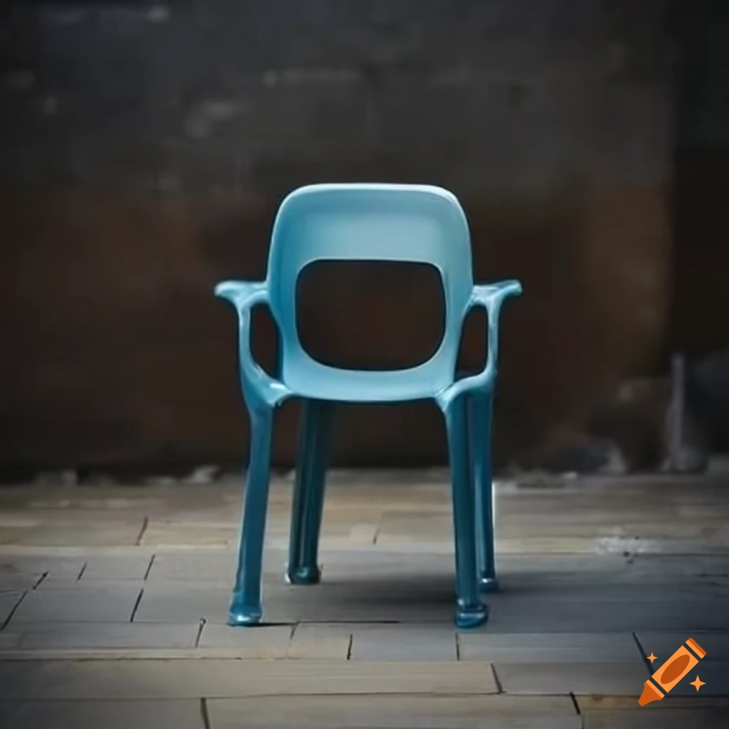 plastic chair in a dark patio with a single light
