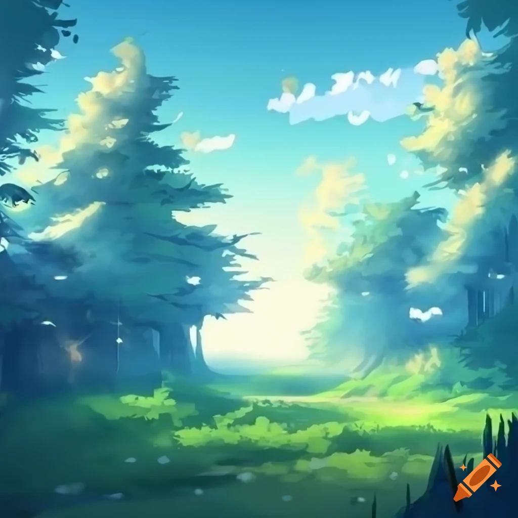 anime illustration of a woods under a blue sky