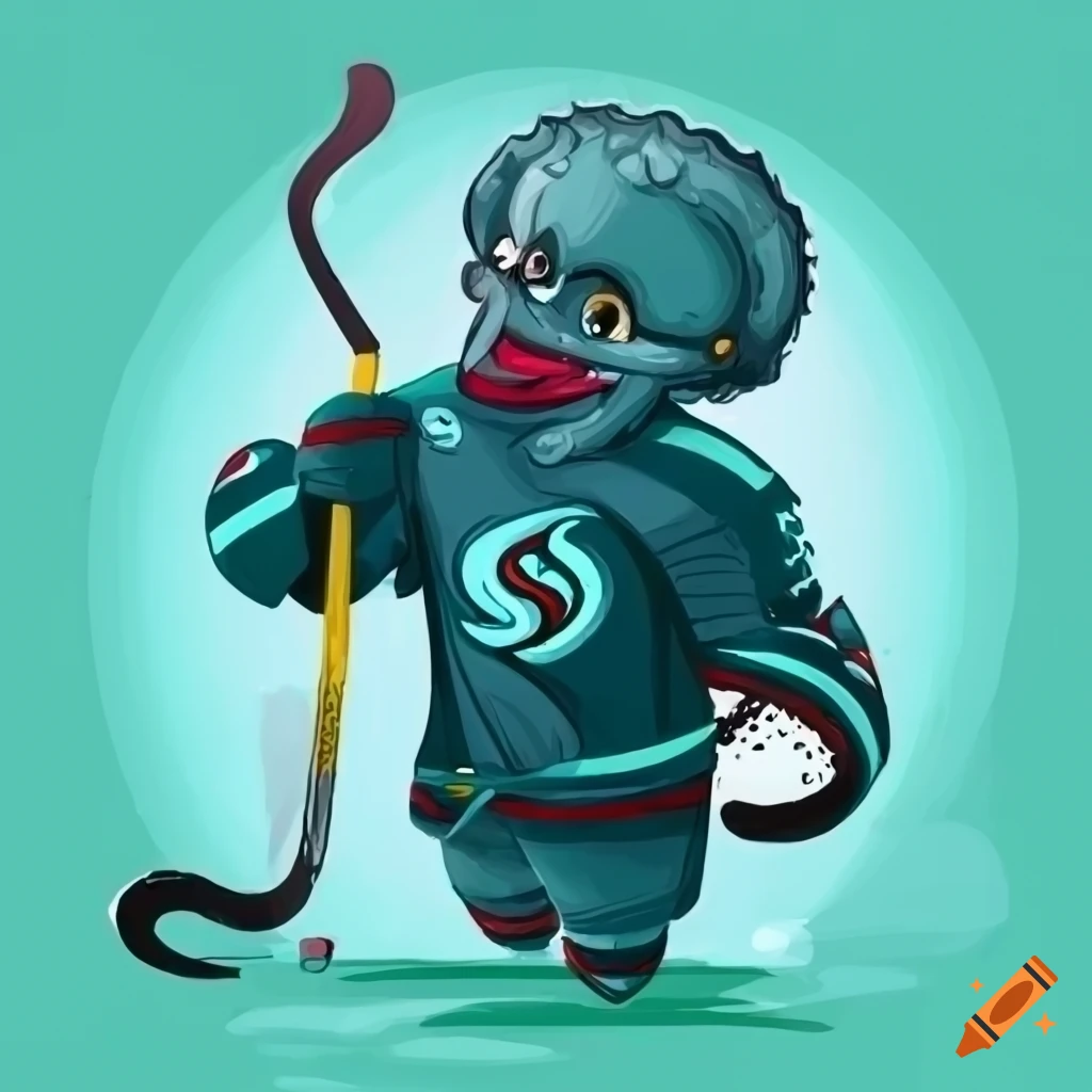 Cartoon Kraken Playing Hockey In Seattle Kraken Uniform On Craiyon