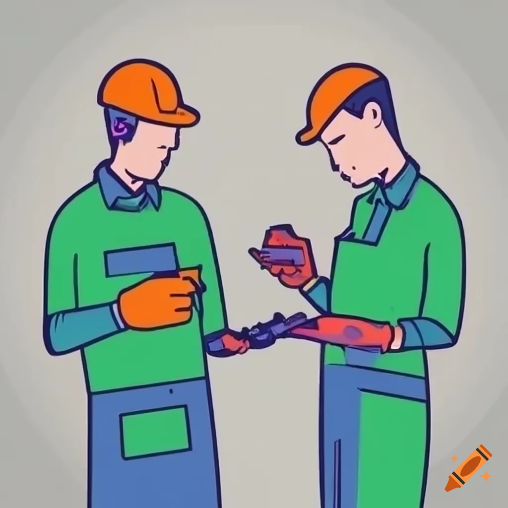 Illustration of a man checking metal parts in production line on Craiyon