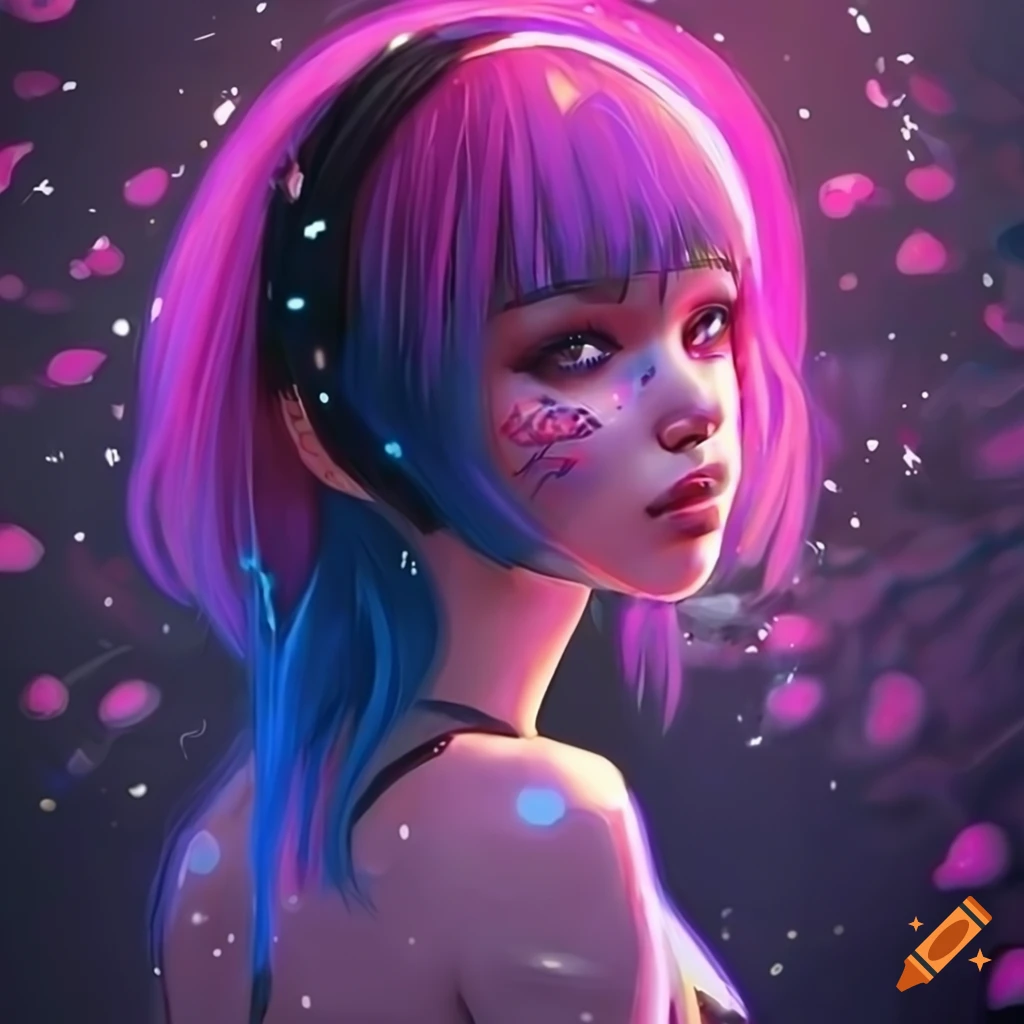 Realistic artwork of a cyberpunk girl with pastel hair and black dress