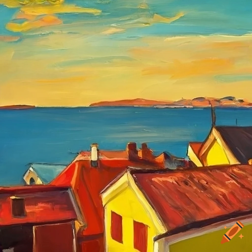 Oil painting of a colorful seaside town at sunset on Craiyon