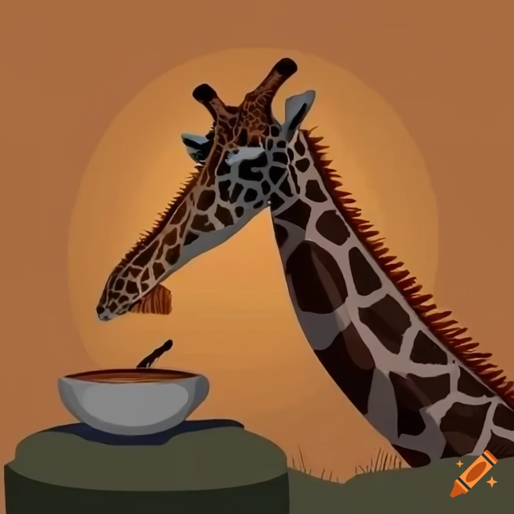Giraffe drinking coffee in a safari setting on Craiyon
