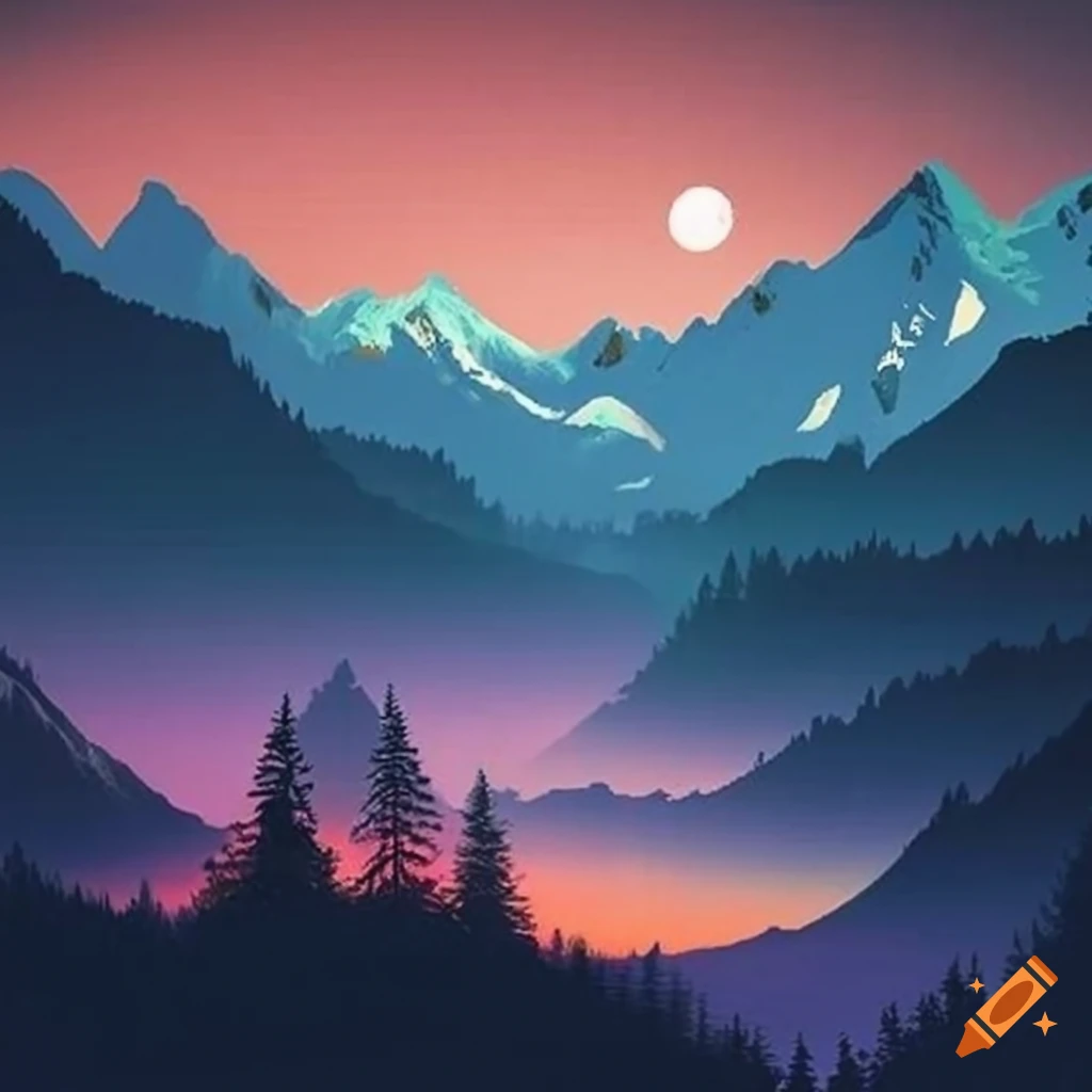 event poster with mountain landscape at night illuminated by moon and stars