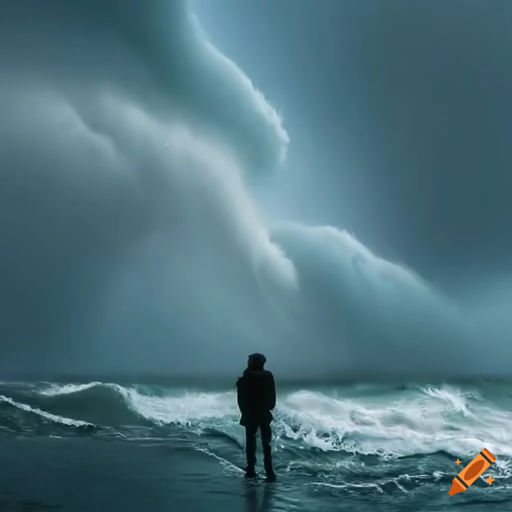 person watching a storm and giant waves from covered glass bridge