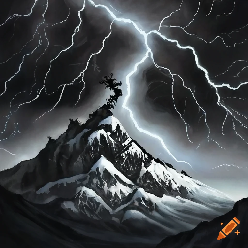 Bernie Wrightson style illustration of a thunderstorm on a snowy mountain