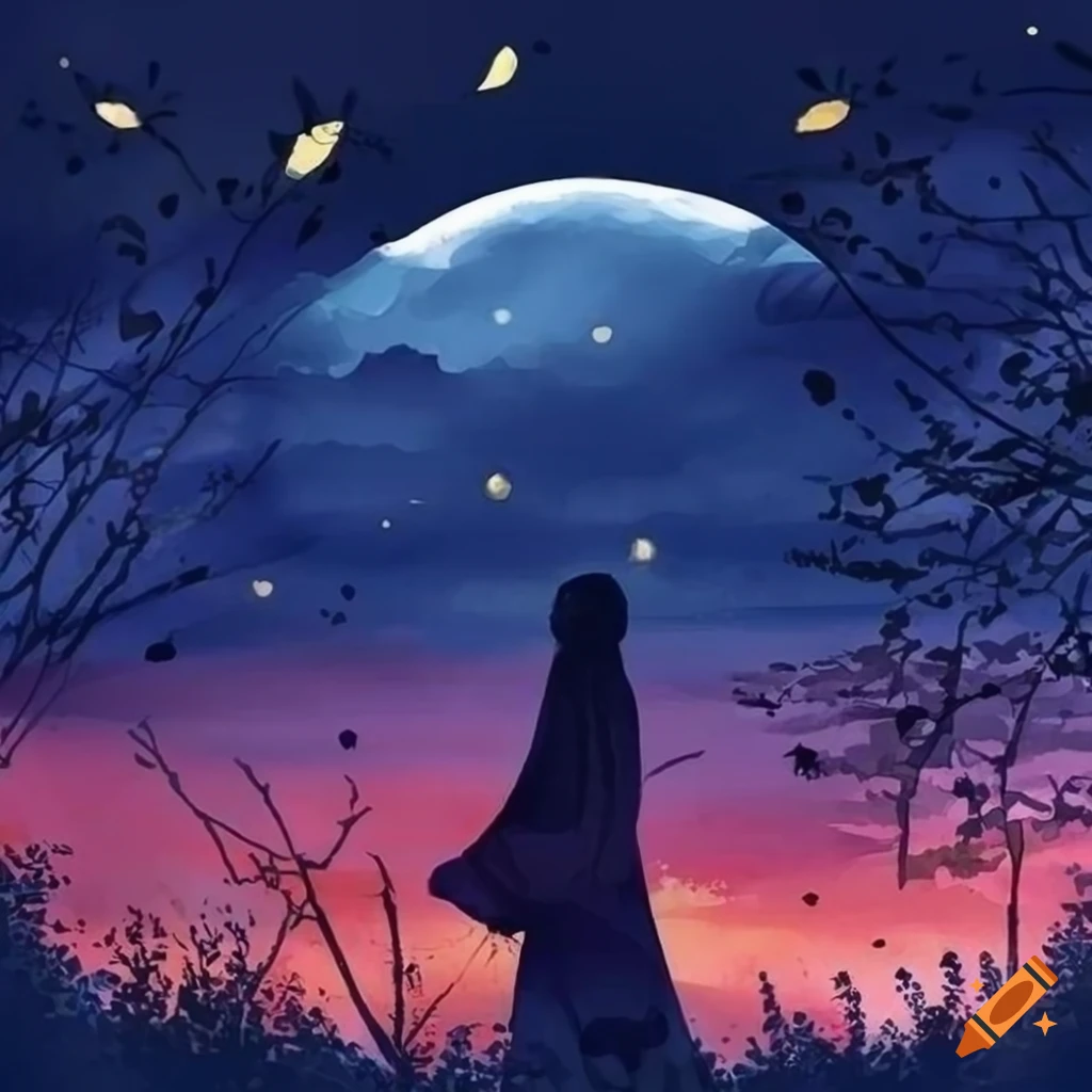 watercolor painting of a girl wearing hijab in a moonlit autumn