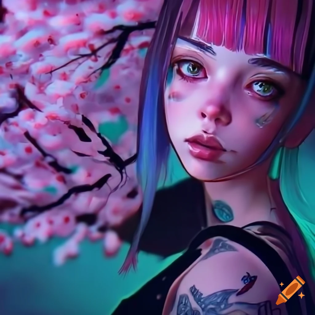 realistic cyberpunk girl with pastel hair and tattoos