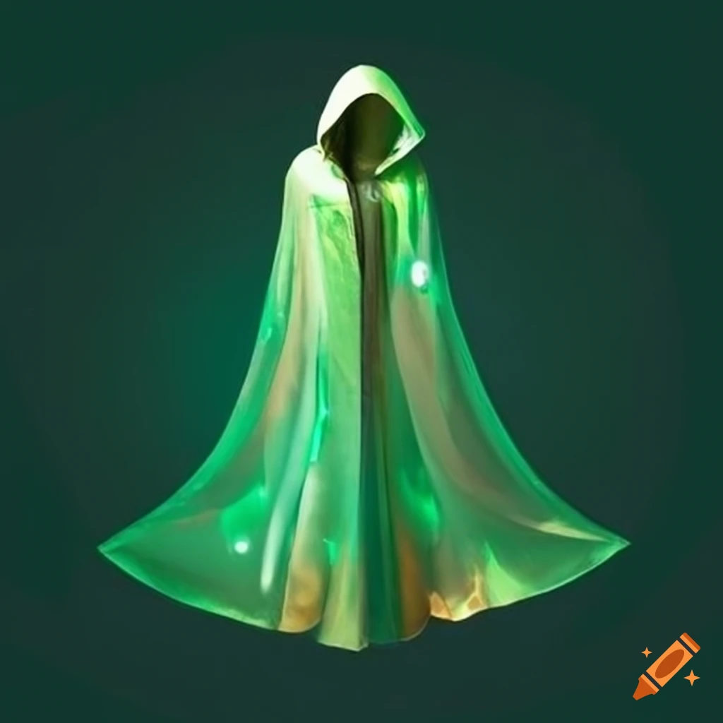 Sparkly green and gold transparent hooded cape on Craiyon