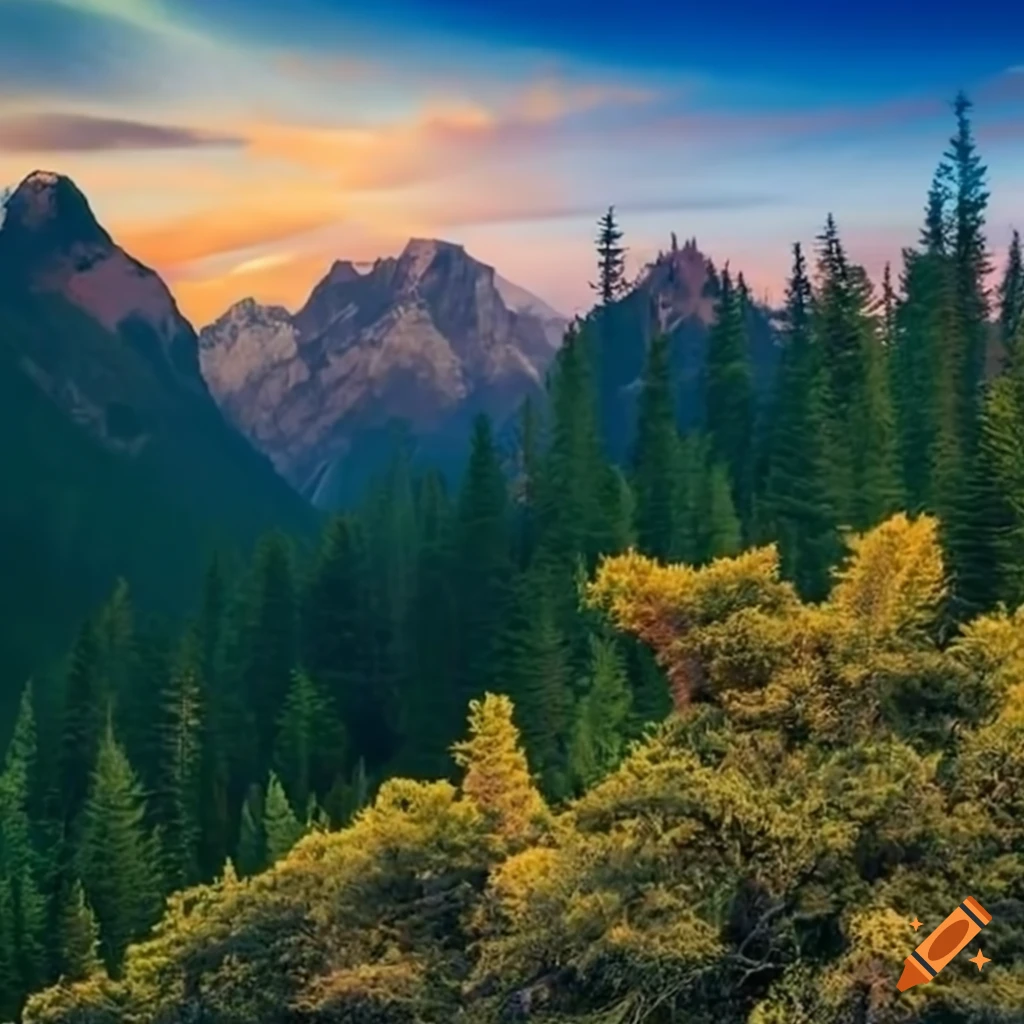 image of majestic mountains and pine trees