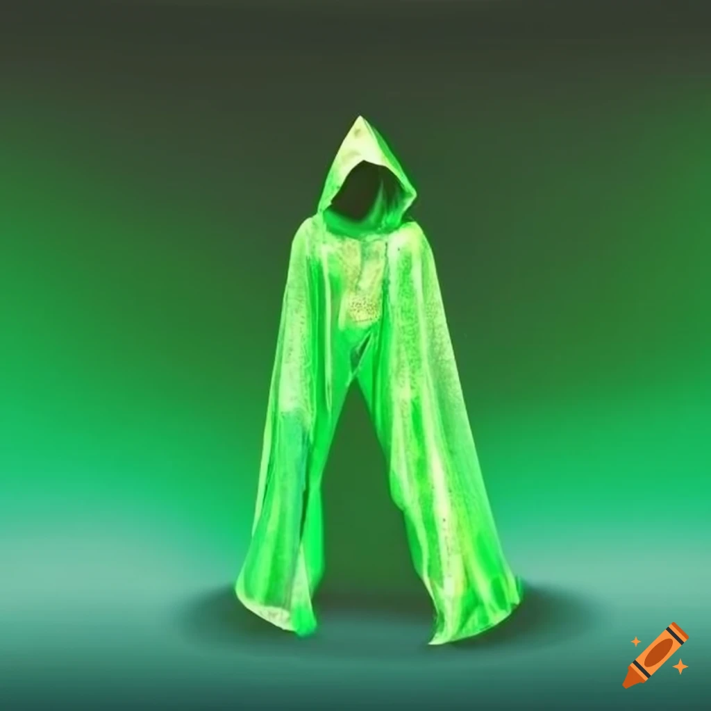 Neon green and gold transparent hooded cape on Craiyon