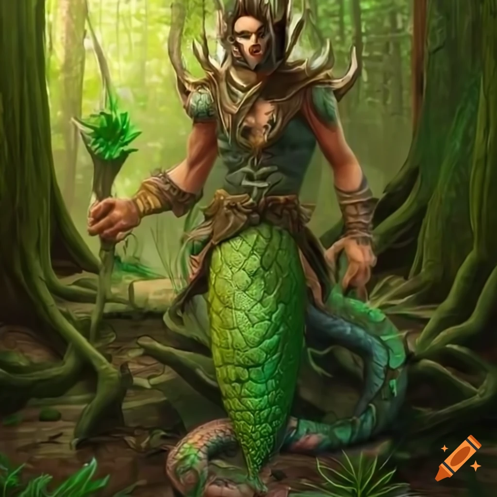 artwork of a male druid naga in a mystical forest