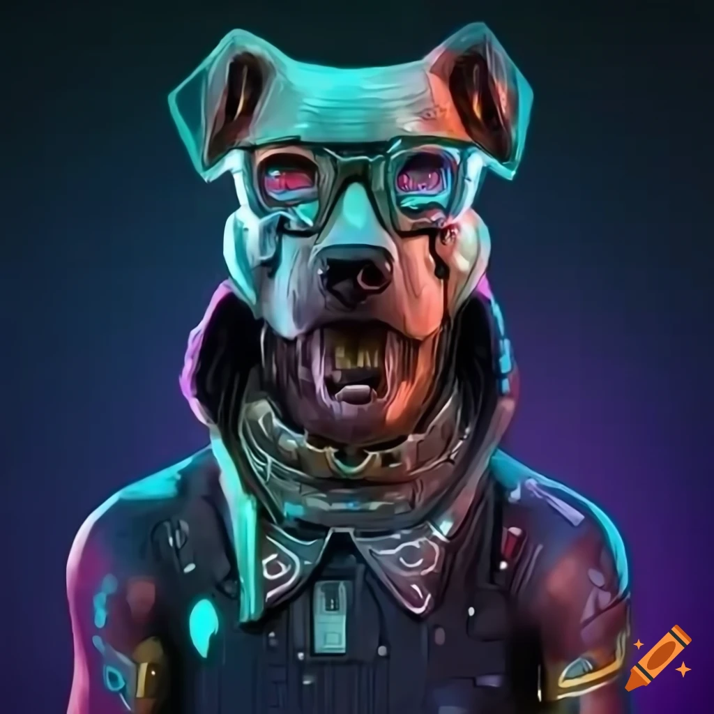 cyberpunk cartoon of a lifelike dog with augmented eyes