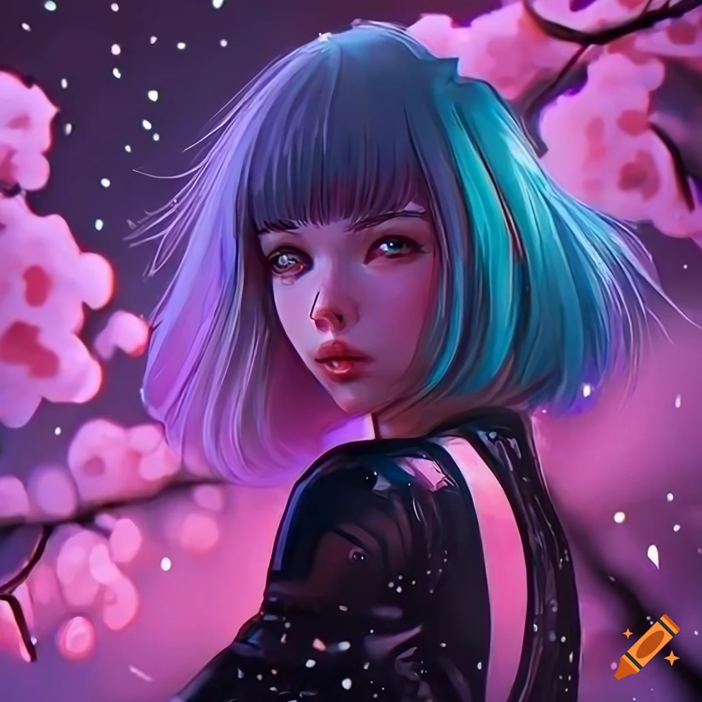 Realistic artwork of a cyberpunk girl with pastel hair