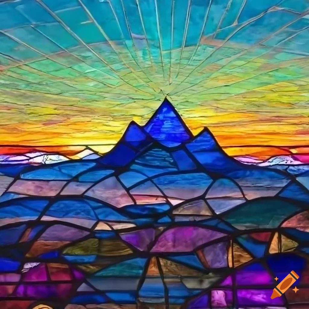 Colorful stained glass window of a mountain at sunset on Craiyon