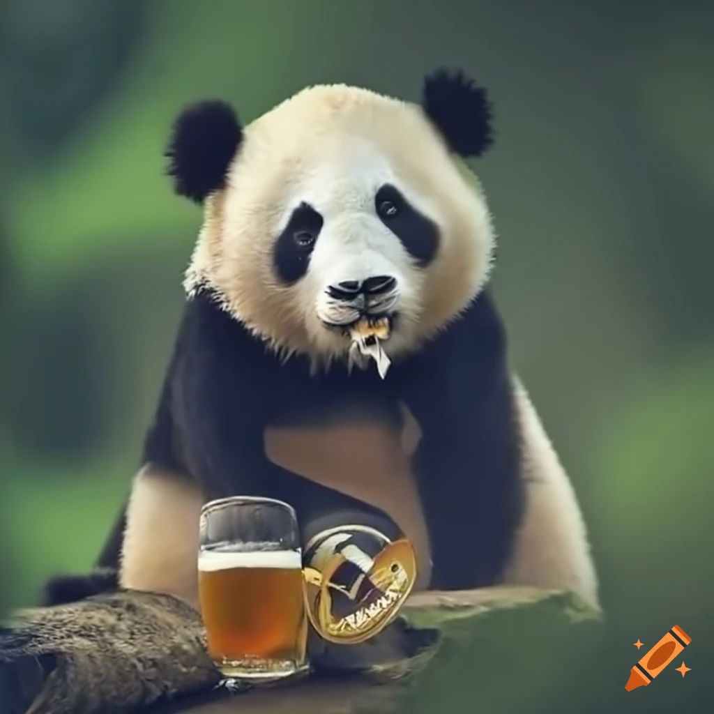 Humorous image of a panda drinking beer in a cottage on Craiyon