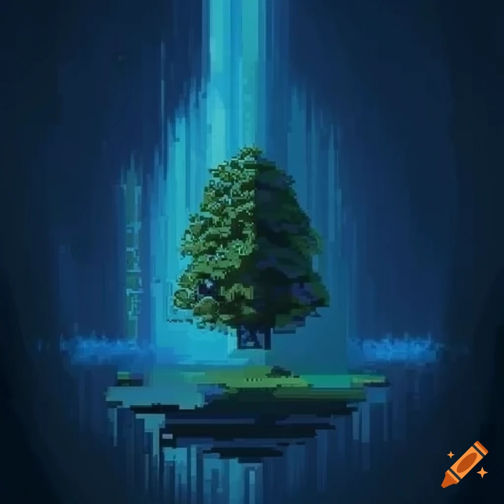 pixel art of floating trees in space