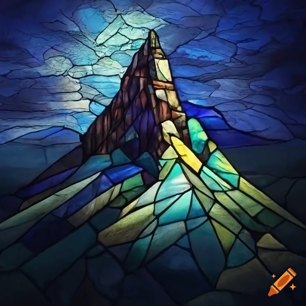 stained glass artwork of a deserted tower in the mountains
