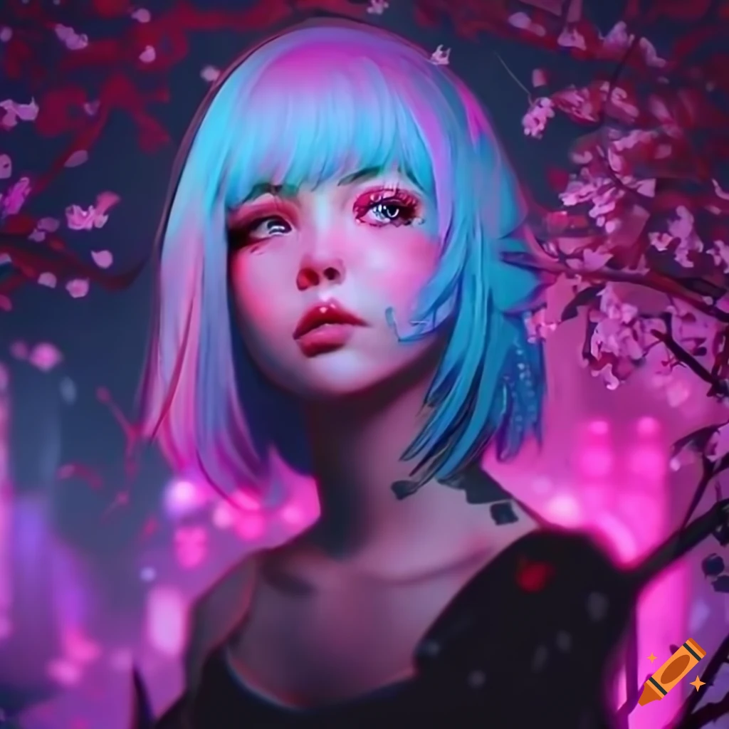 Realistic cyberpunk artwork of a beautiful girl with pastel hair