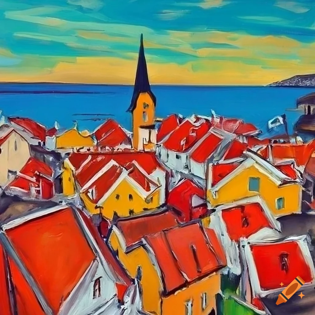 vibrant oil painting of a seaside town in Norway style