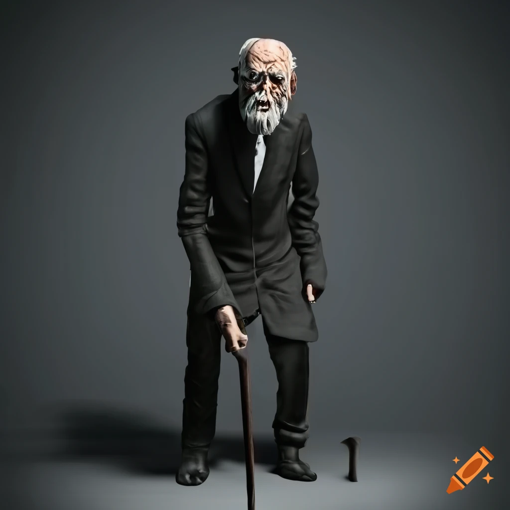 photo-realistic depiction of an old man with a cane