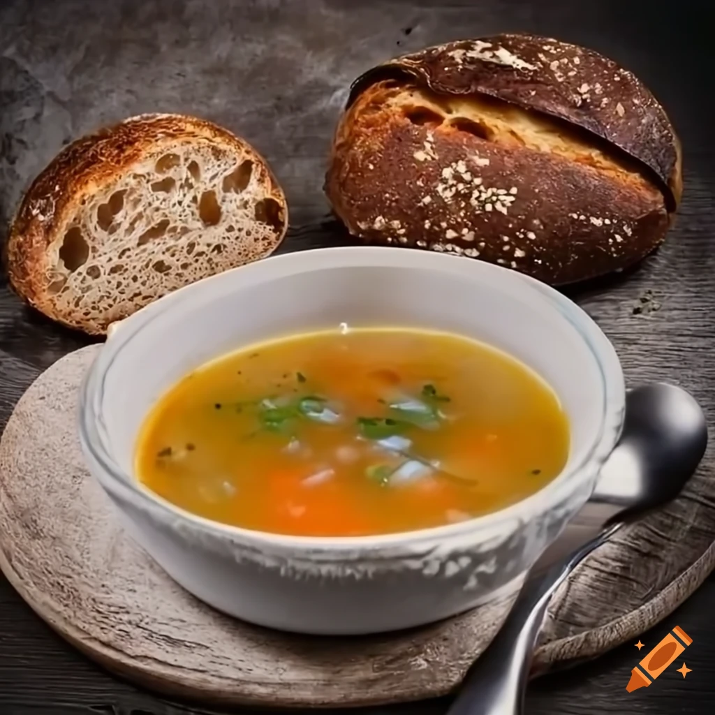 Delicious soup with sourdough bread