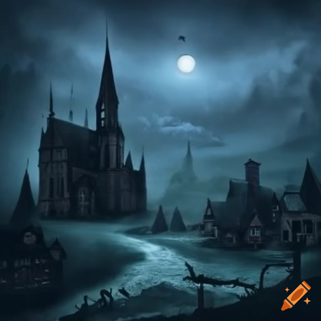 Image of a gothic village in eternal night on Craiyon