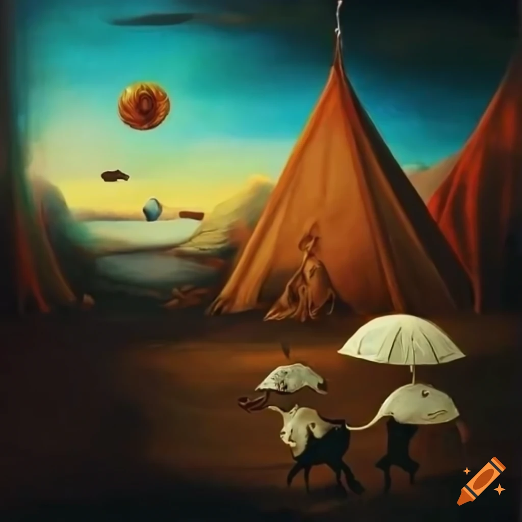 surrealist painting with dog-headed elephants and parasol-holding unicorns