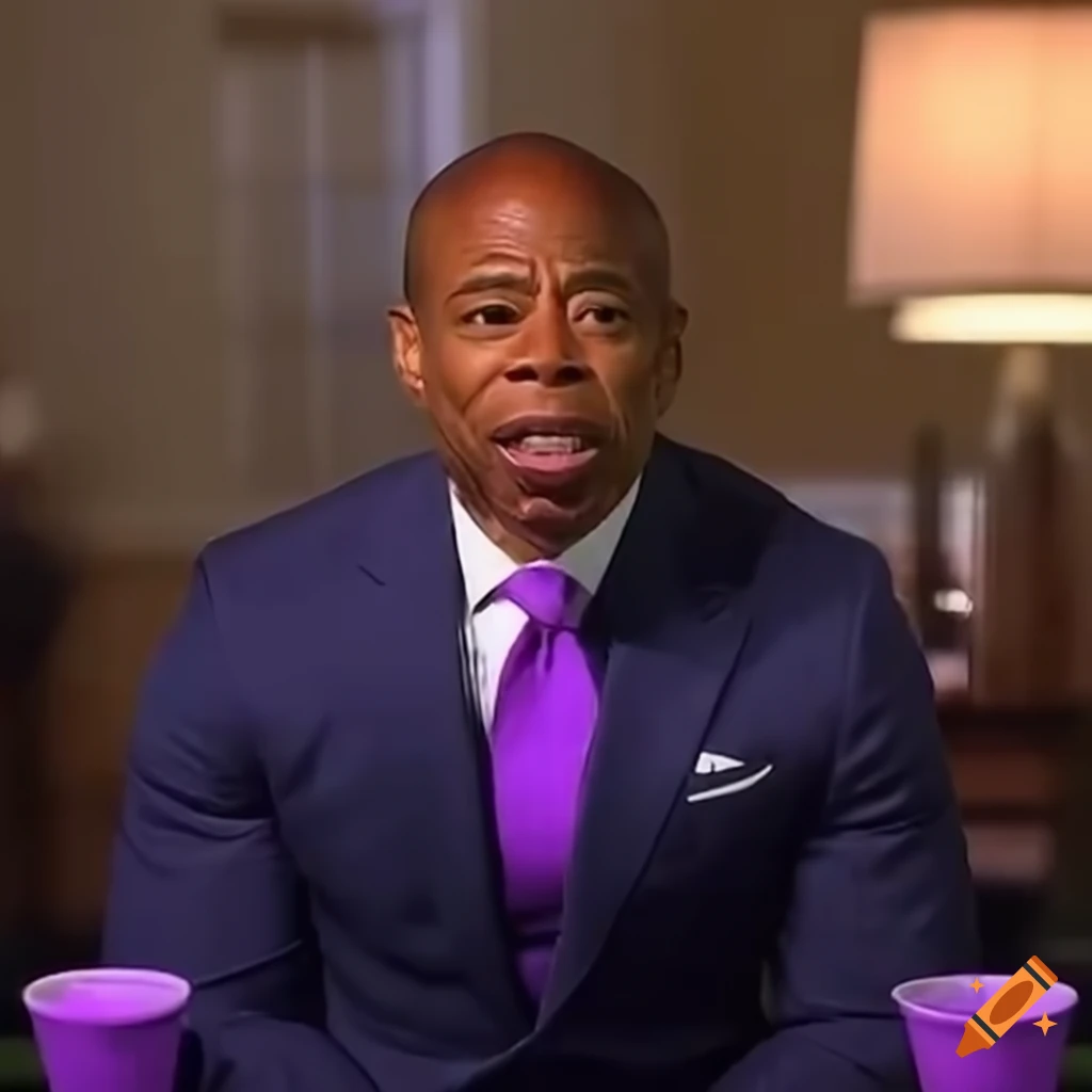Mayor eric adams drinking a purple beverage on craiyon