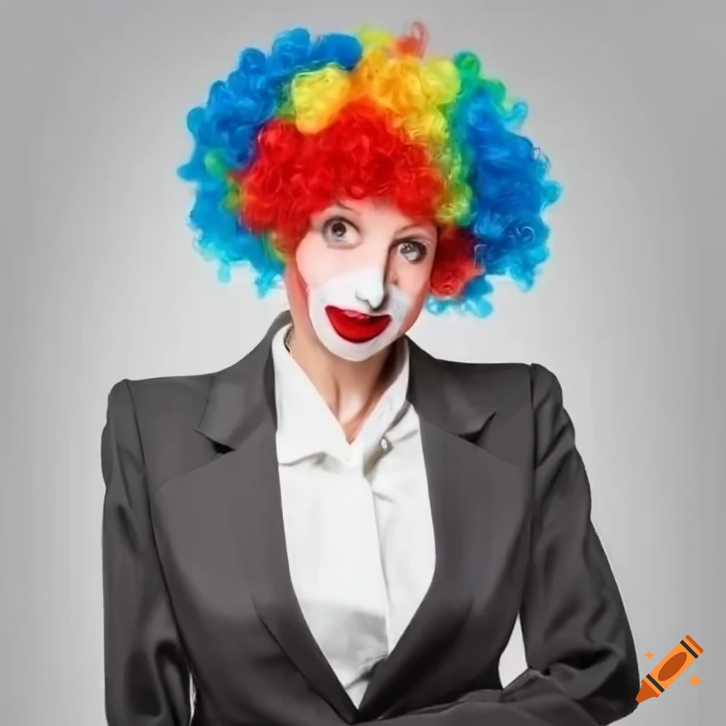Woman in business suit with a clown wig