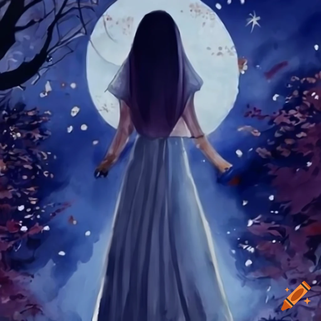 watercolor painting of a girl walking in autumn leaves at night