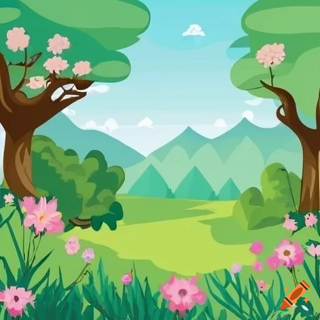 Picnic with fruits and vegetables in a forest in cartoon style on Craiyon