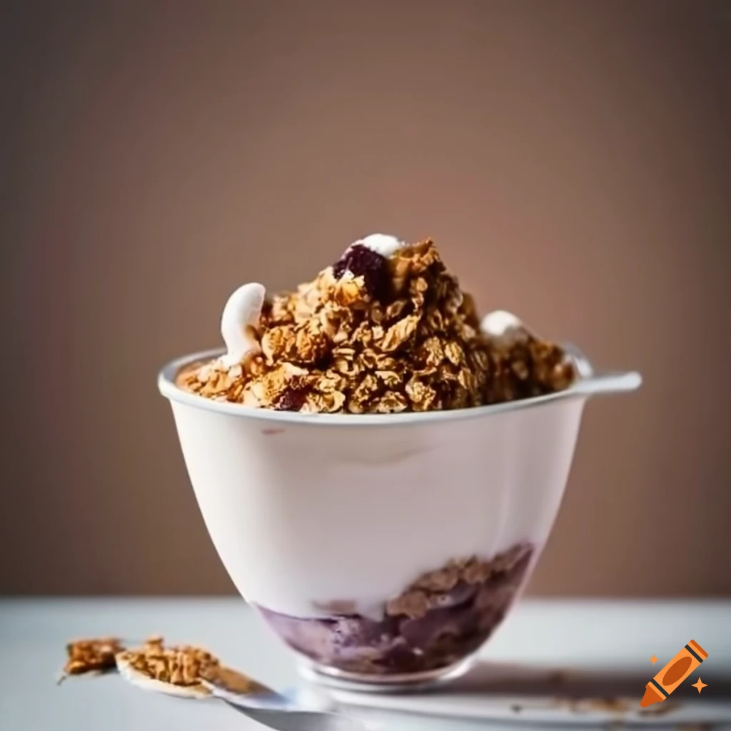 bowl of granola with ice cream and whipped cream
