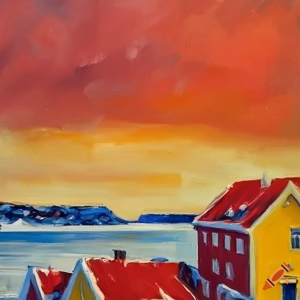 Oil painting of a colorful seaside town in winter on Craiyon
