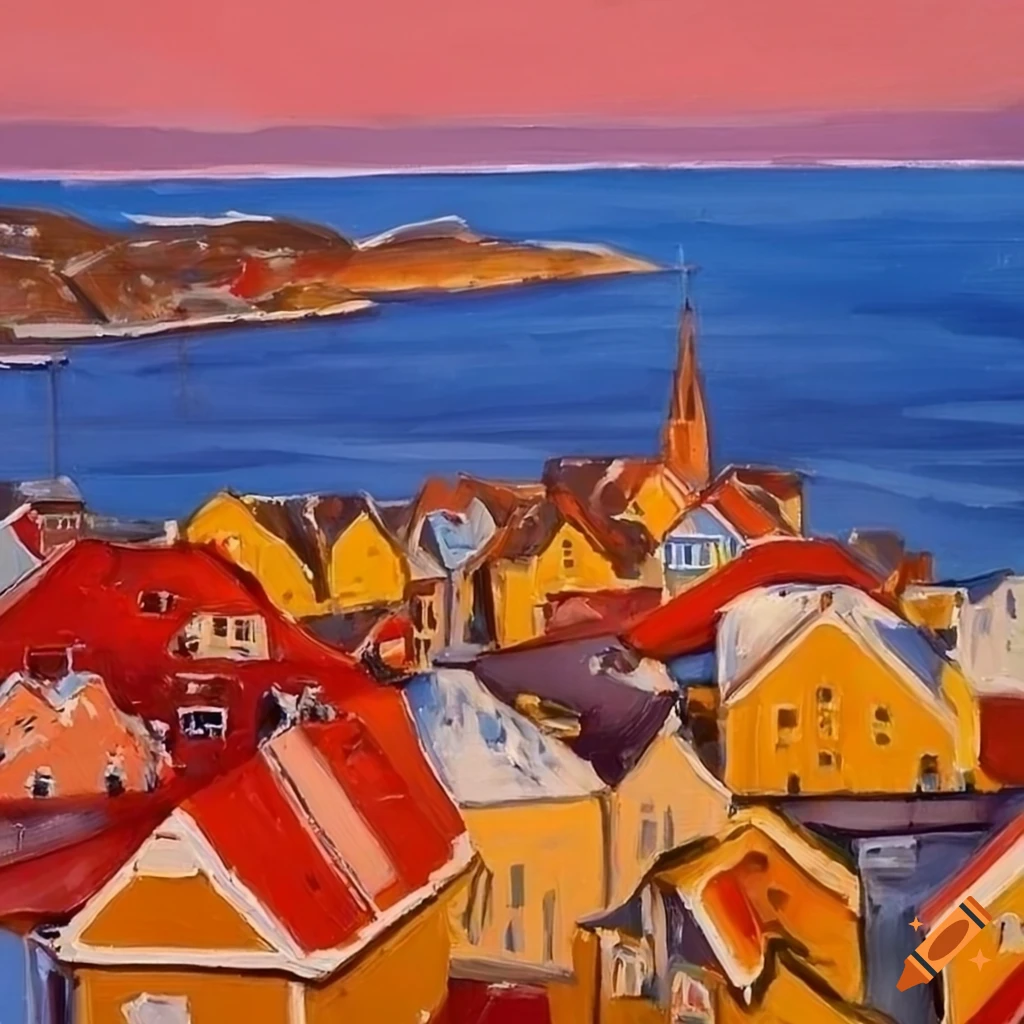 Oil painting of a colorful seaside town in winter on Craiyon