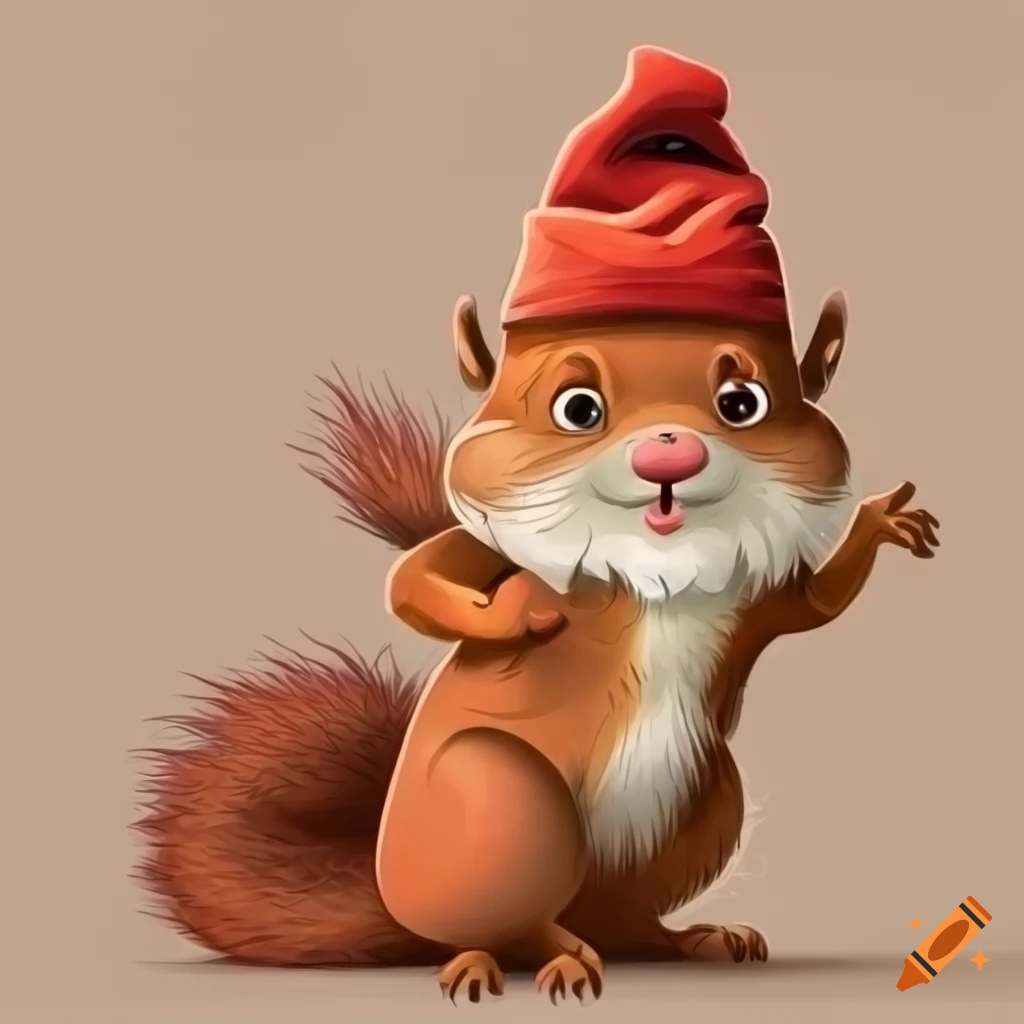 cute cartoon dwarf cuddling a red squirrel
