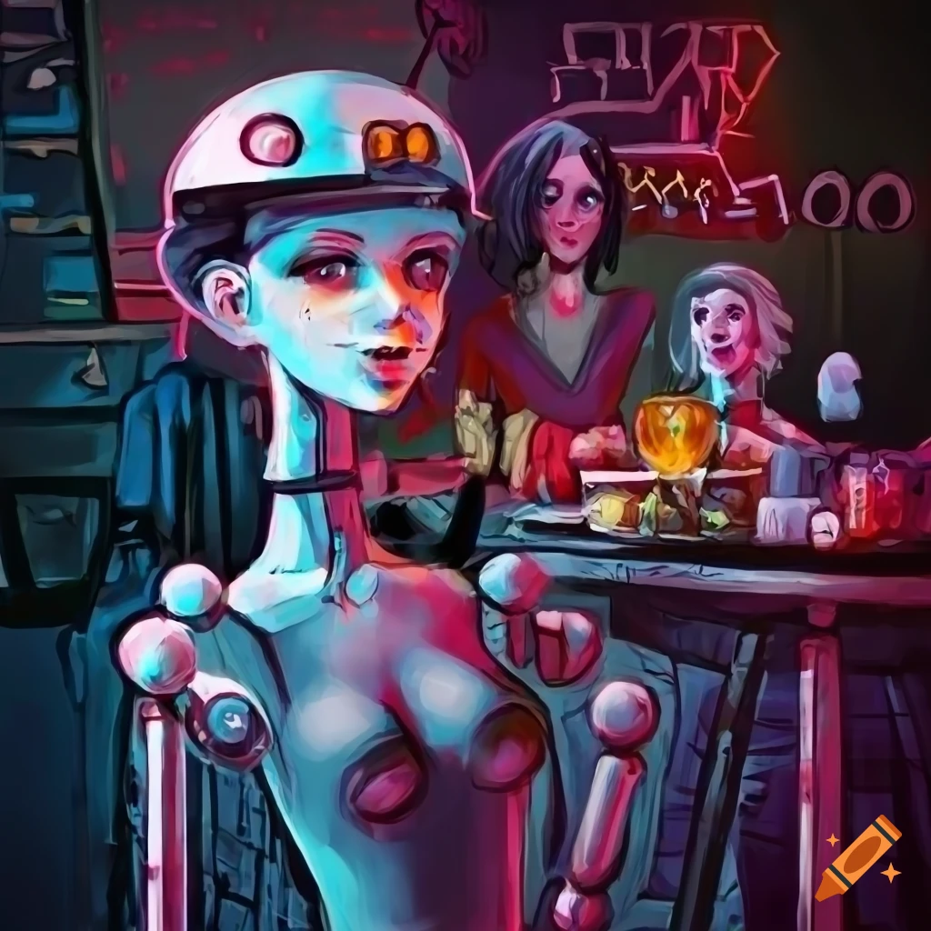 crowded marketplace with puppet marionettes and food stalls