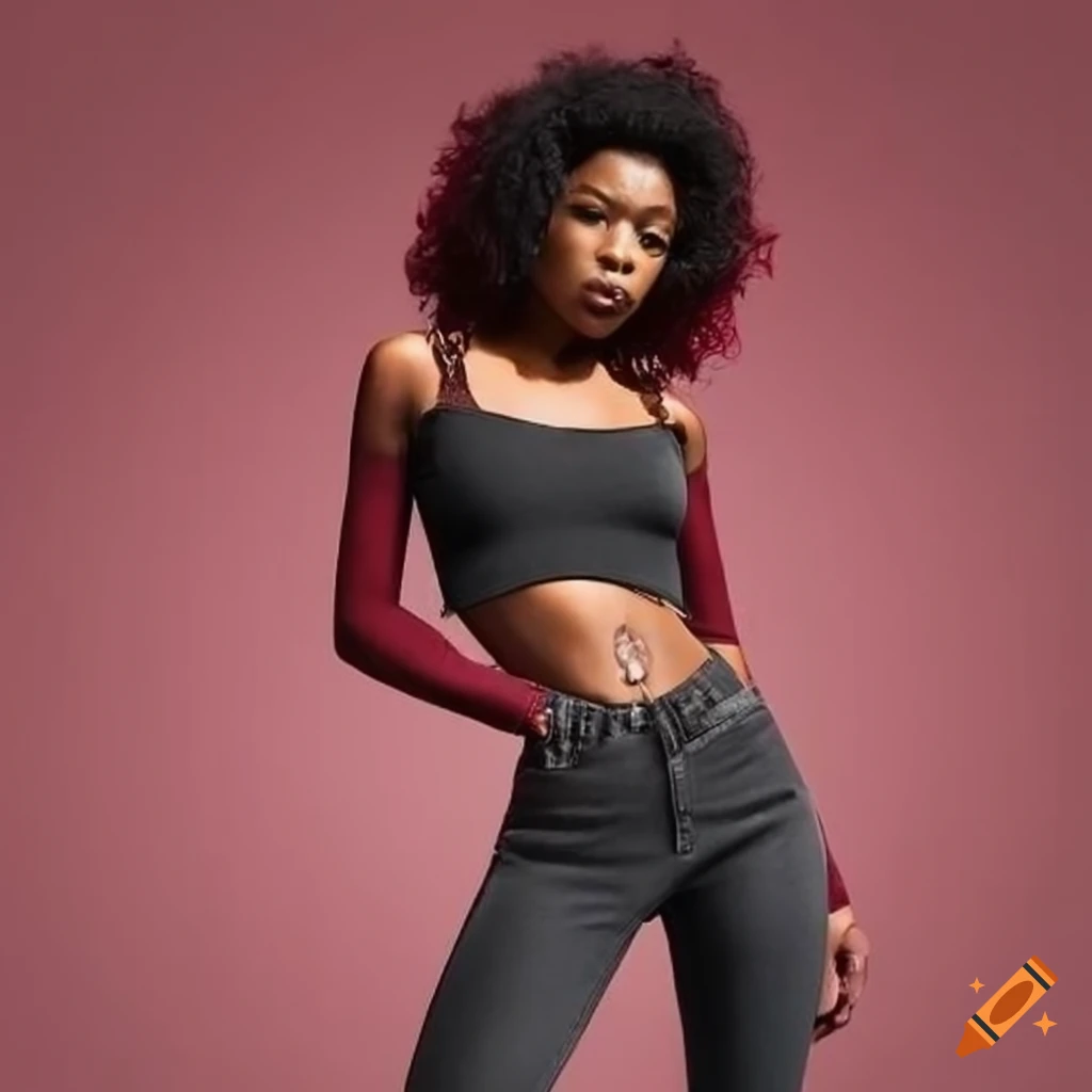 black woman wearing anthracite-black skinny jeans and wine red crop top