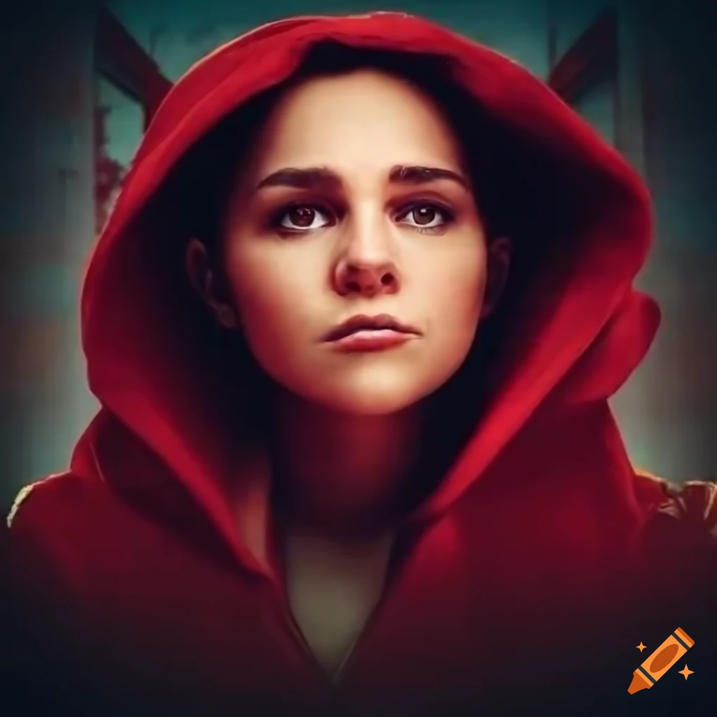 actress in red zip-front hoodie peeking through derelict building