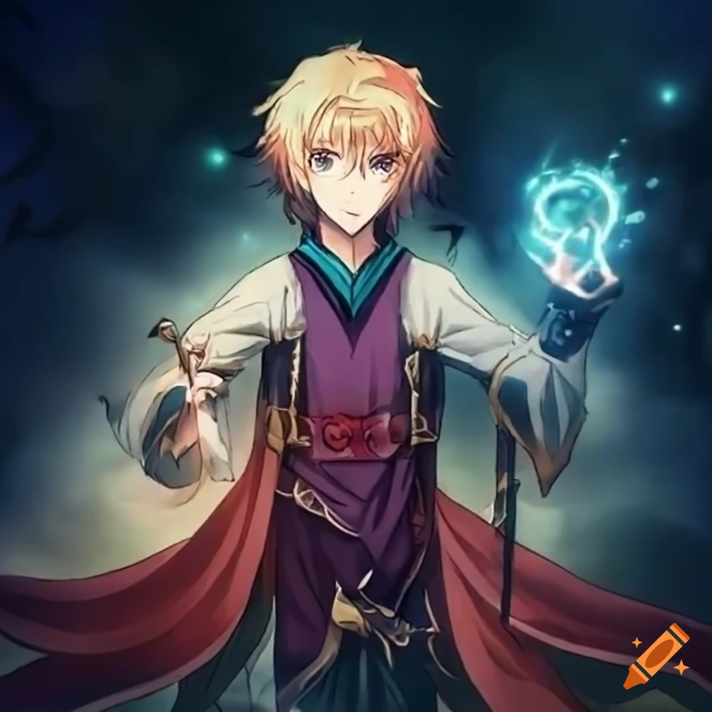 Anime boy, silver hair, mage, using magic spells