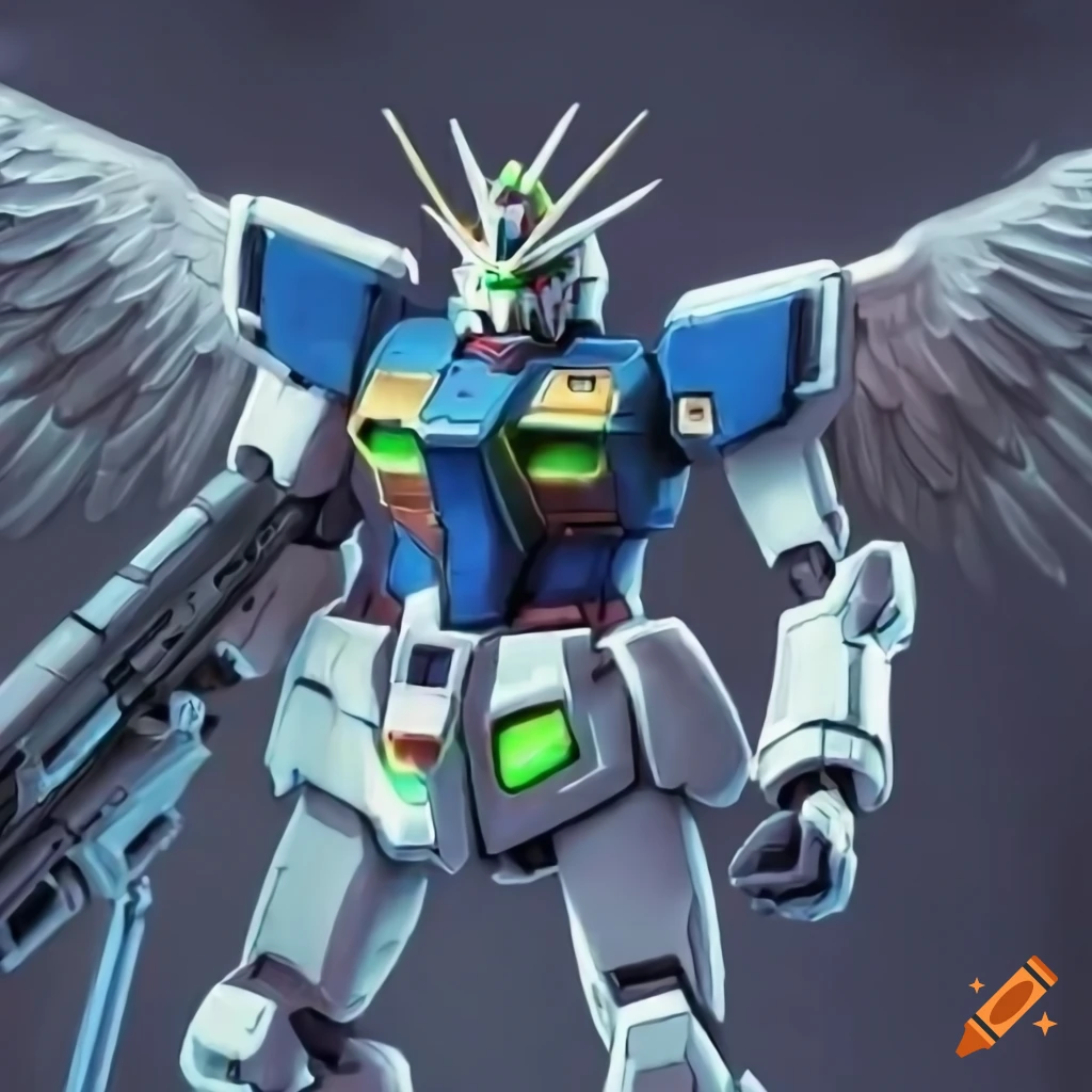 Gundam with green circle on chest and white mechanic angel-wings
