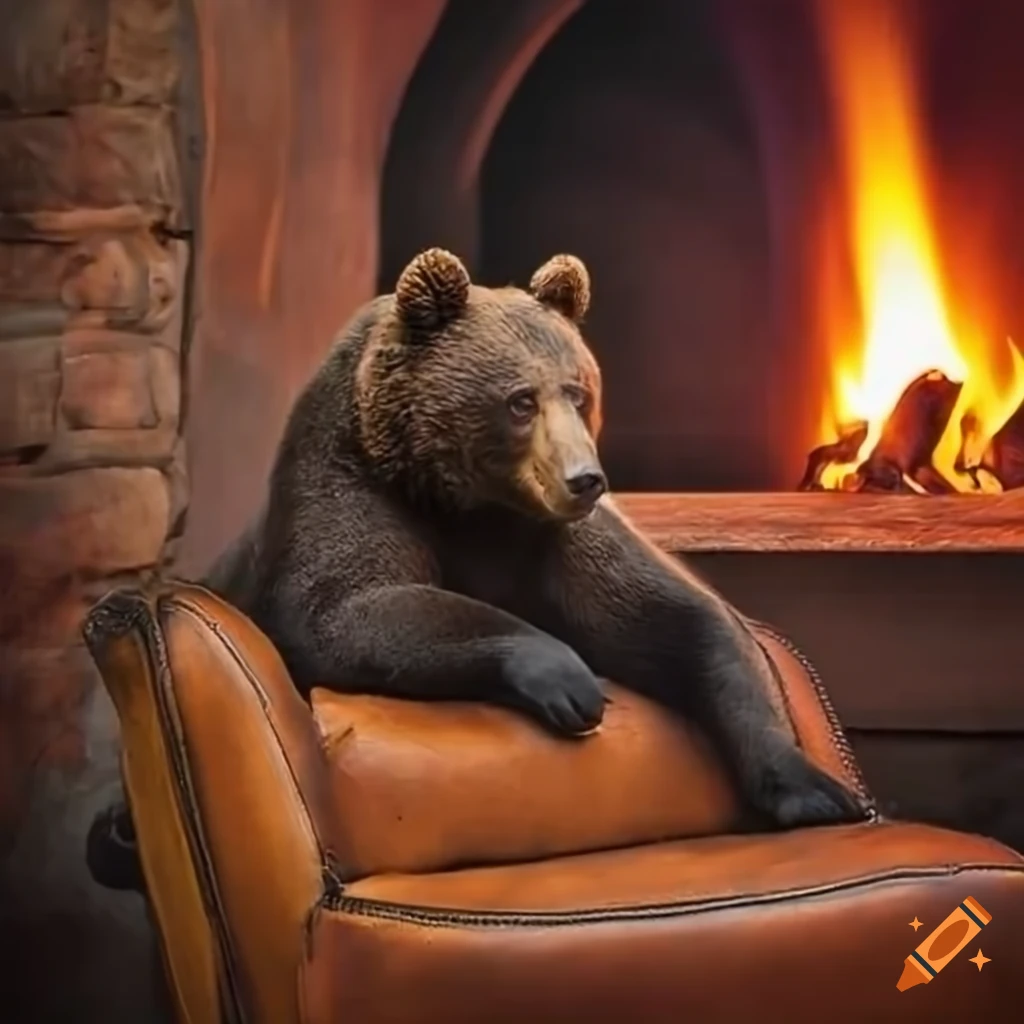 bear sitting by a fireplace