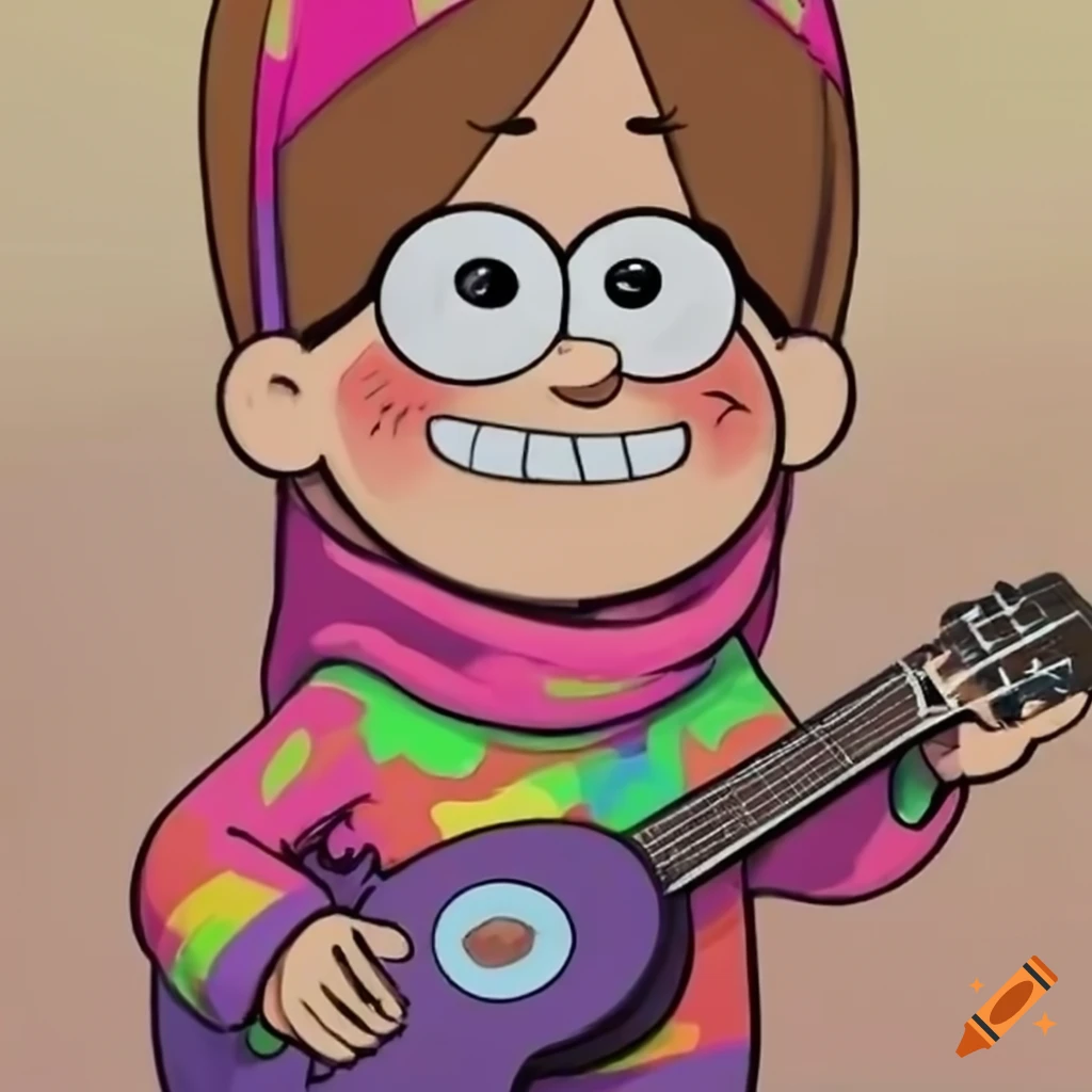 Mabel pines with a broken ukulele and cheerful smile on Craiyon