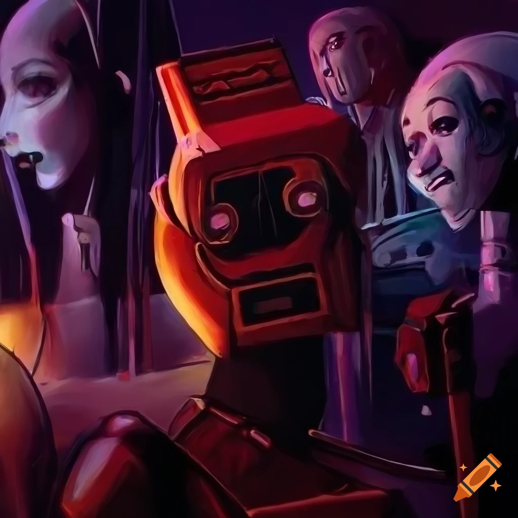 crowded marketplace with puppet mannequins and neon signs